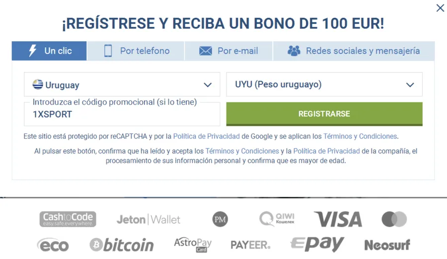 Registro 1xBet Uruguay